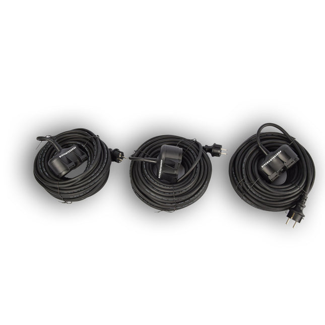3x Robuust Rubber Verlengsnoer met 2 stopcontacten – cable - 3G1.5MM² - Zwarte - Max 3500 Watt, 20m Kabellengte - IP44 - waterbestendig - 230V