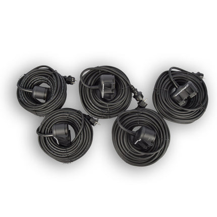 5x Robuust Rubber Verlengsnoer met 2 stopcontacten – cable - 3G1.5MM² - Zwarte - Max 3500 Watt, 20m Kabellengte - IP44 - waterbestendig - 230V