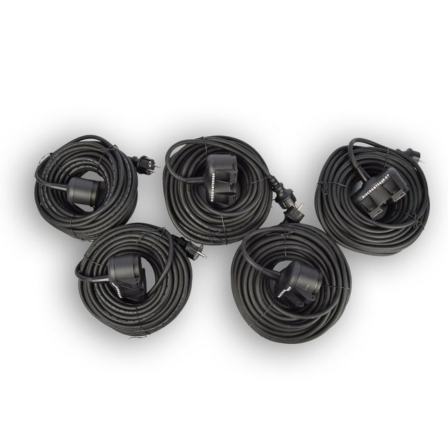 5x Robuust Rubber Verlengsnoer met 2 stopcontacten – cable - 3G1.5MM² - Zwarte - Max 3500 Watt, 20m Kabellengte - IP44 - waterbestendig - 230V