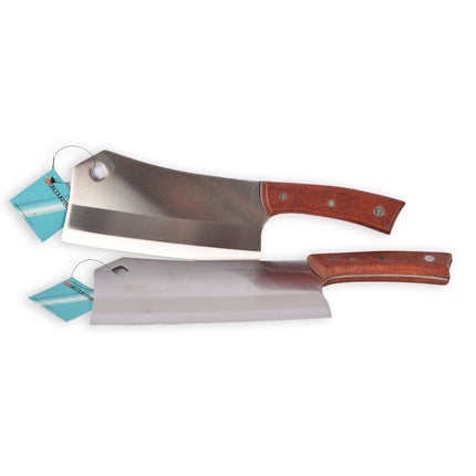 Hoogwaardig Hakmes Set - RVS en Hout - Zilver & Bruin - 2 Stuks - 859g - 33cmx10cm