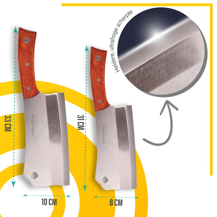 Hoogwaardig Hakmes Set - RVS en Hout - Zilver & Bruin - 2 Stuks - 859g - 33cmx10cm