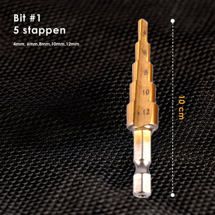 Boorset | Borenset | voor Metaal | Booraccessoires | HSS-TiN  | 3 Bits met Meerdere Stappen | voor Klussen en Huishouden | 8cm*2cm*10cm 