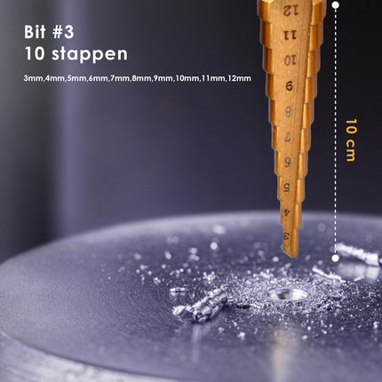 Boorset | Borenset | voor Metaal | Booraccessoires | HSS-TiN  | 3 Bits met Meerdere Stappen | voor Klussen en Huishouden | 8cm*2cm*10cm 