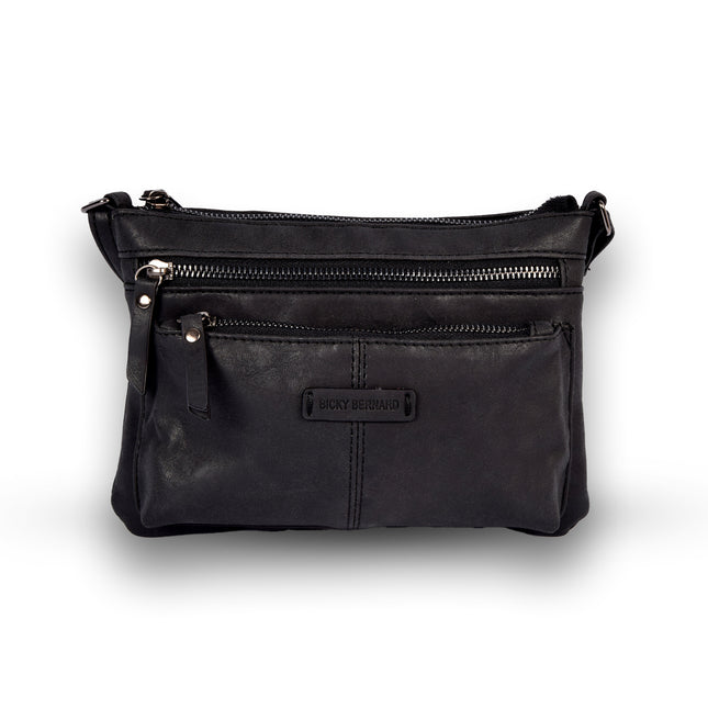 Zwarte Lederen Schoudertas - Bicky Bernard - 23.5x4x16.5cm - 6 Vakken - Crossbody Tas 