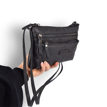 Zwarte Lederen Schoudertas - Bicky Bernard - 23.5x4x16.5cm - 6 Vakken - Crossbody Tas 