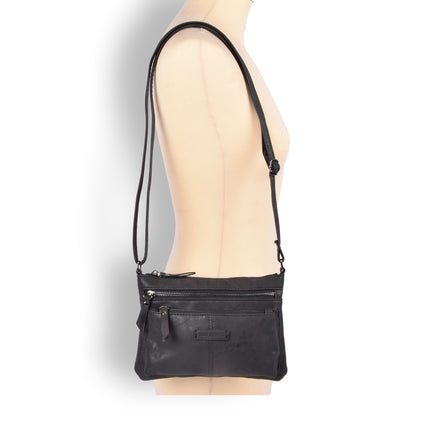 Zwarte Lederen Schoudertas - Bicky Bernard - 23.5x4x16.5cm - 6 Vakken - Crossbody Tas 