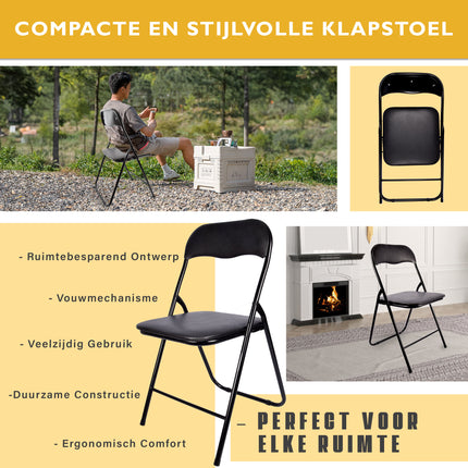 Zwarte Opvouwbare Stoel 37.5cm x 39cm x 78.5cm | Polyester en Metaal | Ideaal voor Eetkamer Keuken, Tuin en Camping | 1 stuks zwart Ruimtebesparend Ontwerp voor Dagelijks Gebruik en Gemakkelijke Opberging