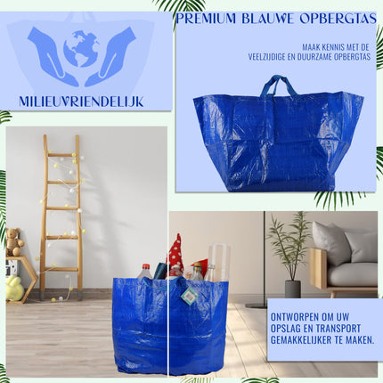 Duurzame Kunststof Opbergtas 60L | Blauw | 1 Stuk | 37cm x 40cm x 41cm | Herbruikbare Boodschappentas en Jumbo Verhuizen tassen | Opbergzak met Handvatten | Perfect als Winkelen en Wasserij Tassen, Strand & Picknick