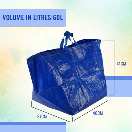Duurzame Kunststof Opbergtas 60L | Blauw | 1 Stuk | 37cm x 40cm x 41cm | Herbruikbare Boodschappentas en Jumbo Verhuizen tassen | Opbergzak met Handvatten | Perfect als Winkelen en Wasserij Tassen, Strand & Picknick