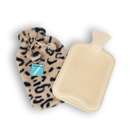 Zachte Kinderkruik met Cheetah Print Hoes - Beige & Zwart - 0.85L - Polyester/Natuurrubber - 29cm x 2cm x 29cm