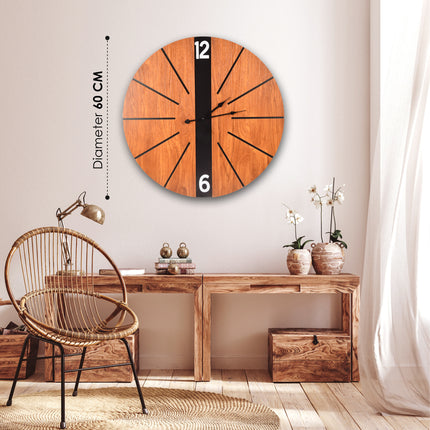 Elegante Bruine Houten Wandklok | Diameter 60cm | Stijlvolle Muurklok voor Thuis & Kantoor | Eenvoudig Afleesbaar | Werkt op AA Batterij (1.5V)