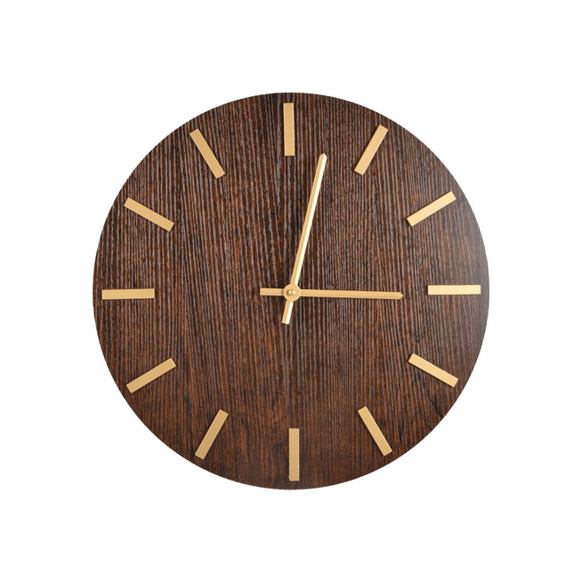 Donker Bruine Houten Wandklok met Gouden Wijzers | 40cm Diameter | Rond | Metalen Accenten | Batterij Voeding | Makkelijk Af te Lezen Moderne Home Decor Klok