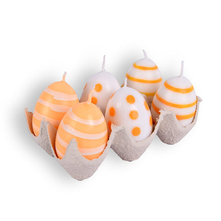 Prachtige Paaskaarsen voor Pasen: 1x Ei Kaars Stip 4x6cm Set - 6 Stuks geel/Wit - 4,5cm Diameter, 6cm Hoogte, 190g Gewicht