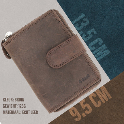 Portemonnee Heren & Dames -  Bruin Leren Portemonnee met 7 Pasjeshouder - RFID Bescherming - Portemonnee met Rits - Buffelleer - 13.5x10cm
