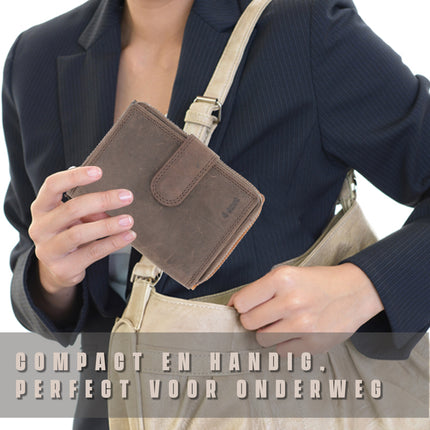 Portemonnee Heren & Dames -  Bruin Leren Portemonnee met 7 Pasjeshouder - RFID Bescherming - Portemonnee met Rits - Buffelleer - 13.5x10cm