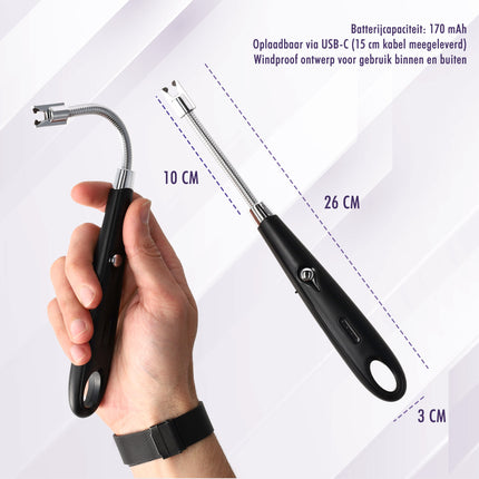 Plasma Aansteker - Elektrische USB-C Aansteker - Windproof BBQ & Kaarsen - Flexibel Zwart - USB Oplaadbaar - 24cm Lang