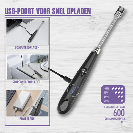Plasma Aansteker - Elektrische USB-C Aansteker - Windproof BBQ & Kaarsen - Flexibel Zwart - USB Oplaadbaar - 24cm Lang