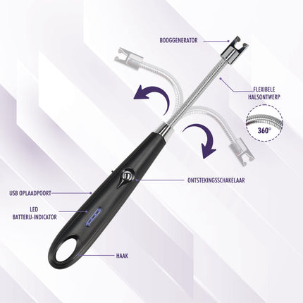Plasma Aansteker - Elektrische USB-C Aansteker - Windproof BBQ & Kaarsen - Flexibel Zwart - USB Oplaadbaar - 24cm Lang