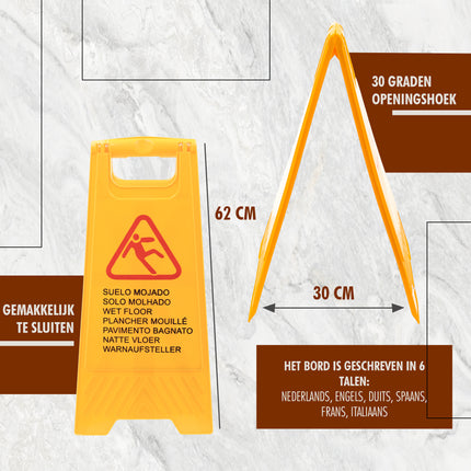 Set van 3 Waarschuwingsborden Natte Vloer - Gele Veiligheidsborden met Tekst in 7 Talen | Compact, Inklapbaar en Ideaal voor Veiligheid Tijdens Schoonmaak