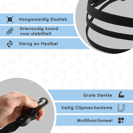 Snelbinder spinbinder Fiets: Robuuste Bagagespin voor 26 en 28 inch Wielen met 3 Elastieken, Handige Hak en Elegant Zwart Design