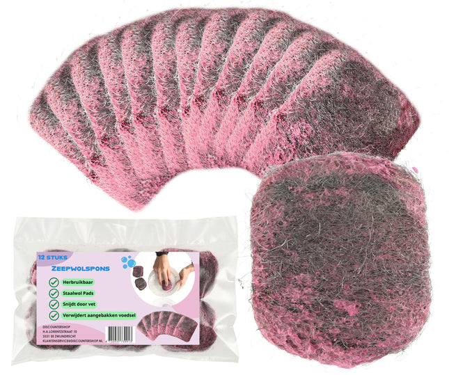 Grijs & Roze Schapenwol Zeepsponzen | 6.5cm x 5.5cm x 0.8cm | 12 Stuks | Eco Friendly Non-Scratch Duurzaam | Voor Keukengerei en Vaste Zeep