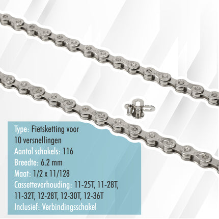 10-Speed Fietsketting - 116 Schakels 6.2 mm - Verbindingsschakel Inclusief - Maat 1/2 x 11/128