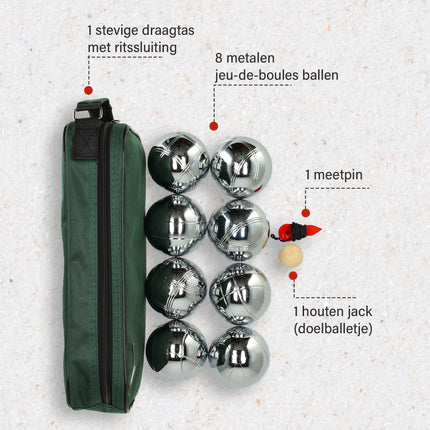 Jeu de Boules Set - 8 RVS Ballen + Jack + Meetpin - Inclusief Draagtas - Ideal voor Groepen, Recreanten & Beginners