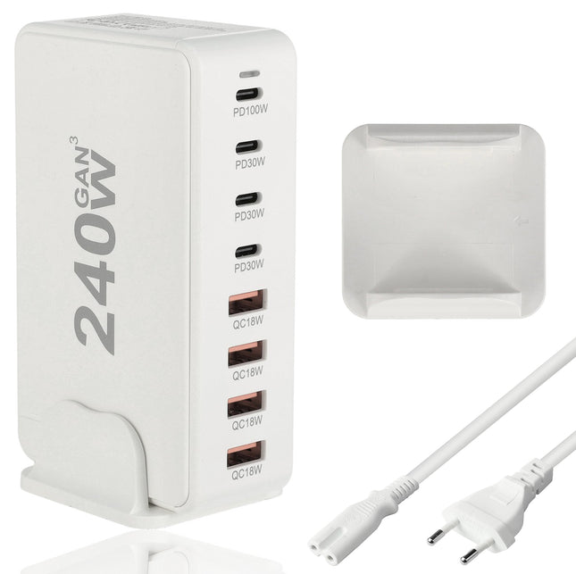 USB-C Snellader 240W – 8-Poorts GaN III Oplader met PD100W, PD30W & QC18W – Snelle USB-C Lader voor Laptop, Smartphone & Tablet