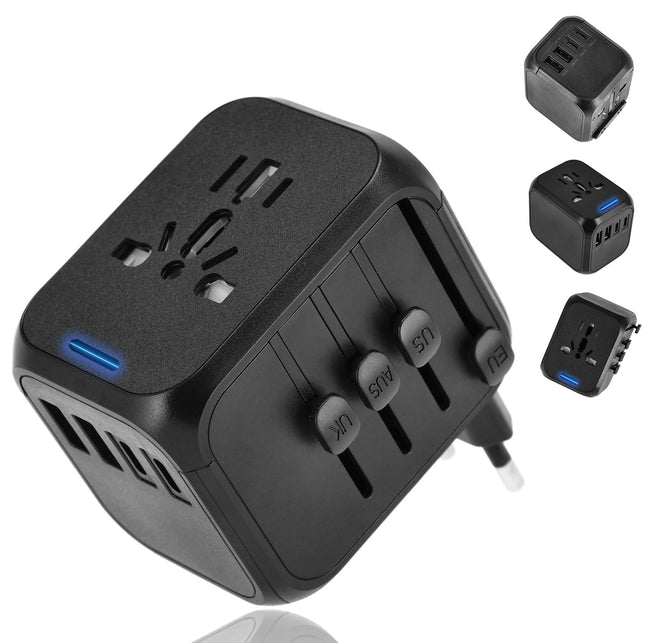 Wereldstekker met USB – Internationale Reisadapter 150+ Landen – 2x USB-C & 2x USB-A – Automatische Zekering – Universele Reislader Zwart