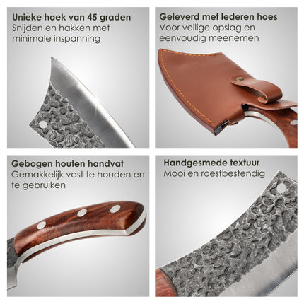 Professioneel Japans Hakmes – 25 cm Roestvrijstalen Vleeshakmes voor Botten – Slagersmes & Keukenbijl met Houten Handvat en Lederen Hoes – Heavy Duty Koksmes