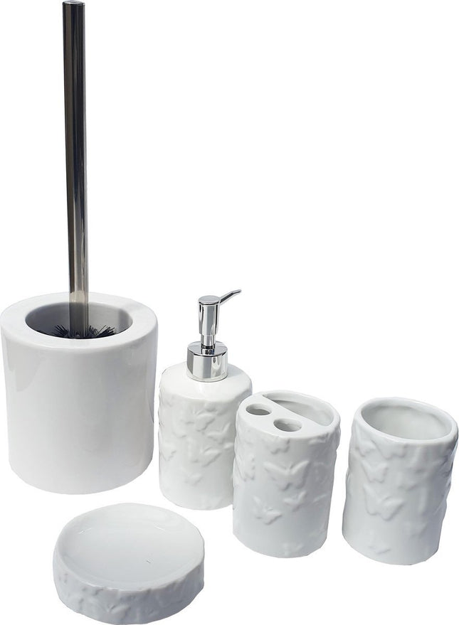 Toiletborstel - WC Borstel Set Vrijstaand Keramiek met Zwart RVS borstel - Complete badkamer set - Wit - Porselein