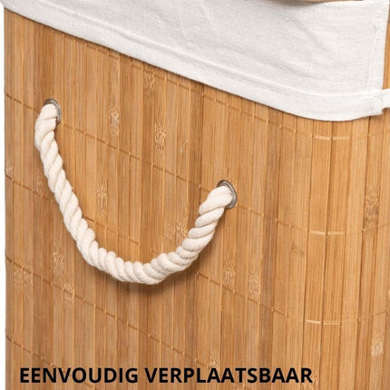 Wasmand bamboe | Linnen | Opvouwbaar | Opbergmand | Laundry basket | Mand voor wasgoed | Met deskel | Met handvaten | Inclusief waszak | Natuurlijk hout | 60L | 40x30x50cm