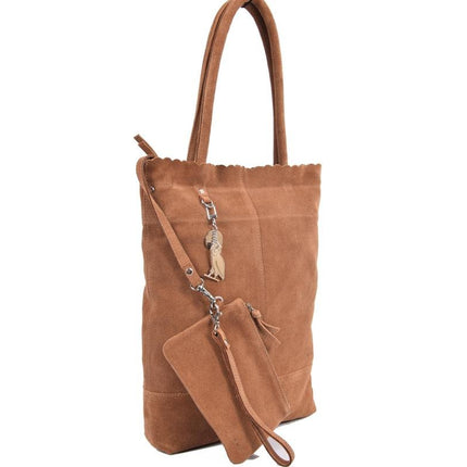 Suéde Shopper,Shopper met een sleutelhanger van 4EAST, Leer shopper met kleine portemonnee Suéde Akko 4east Bruin