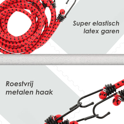 Snelbinders met Haak - Rood - 4 Stuks - 80cm Ø 10mm - 8 Haken - Bagagedrager Achter voor Fiets & Meer