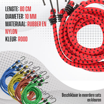 Snelbinders met Haak - Rood - 4 Stuks - 80cm Ø 10mm - 8 Haken - Bagagedrager Achter voor Fiets & Meer