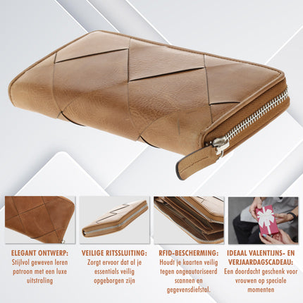 Portemonnee met Ritssluiting - Leren Dames Portemonnee met Muntvak - RFID Portefeuille - 19.5x10x2 cm