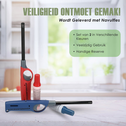 Navulbare Elektrische Gasaanstekers Set van 2 - 25.5cm - Beste Aansteker voor BBQ, Kaarsen en Keuken - Rood & Blauw