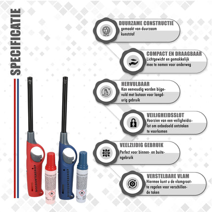 Navulbare Elektrische Gasaanstekers Set van 2 - 25.5cm - Beste Aansteker voor BBQ, Kaarsen en Keuken - Rood & Blauw