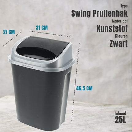 Afvalemmer Zwart - Swing prullenbak 25L - Grijs Deksel - Vuilnisbak met Schommel