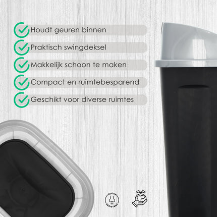 Afvalemmer Zwart - Swing prullenbak 25L - Grijs Deksel - Vuilnisbak met Schommel