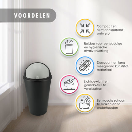 Prullenbak 50 Liter Zwart - Ronde Afvalemmer met Schuifklep voor Keuken & Kantoor