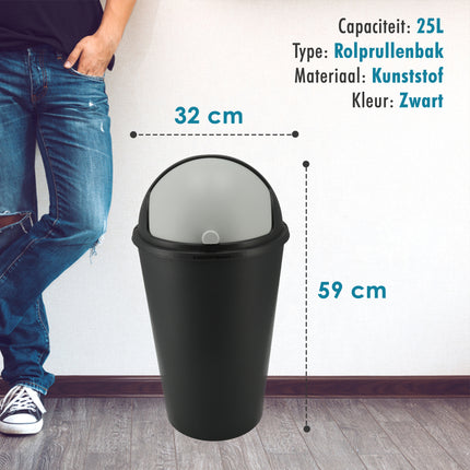 Roll Prullenbak 25 Liter met Schuifklep - Zwart/Antraciet  Roll Afvalemmer met Deksel