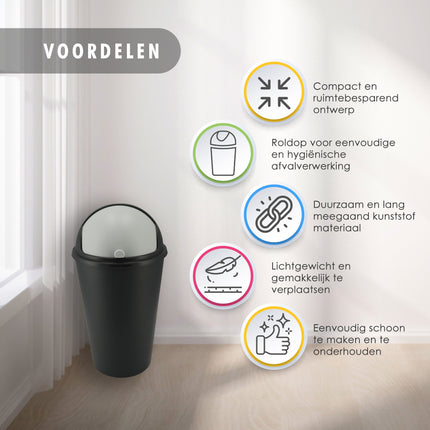 Roll Prullenbak 25 Liter met Schuifklep - Zwart/Antraciet  Roll Afvalemmer met Deksel