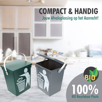 Mini Prullenbakken Set van 2 - 4.5 Liter elk | Tafel Prullenbak met Deksel en Handgreep | Bio Recyclebaar Kunststof - Groen en Grijs 