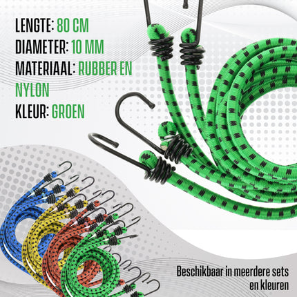 Spinbinder Fiets Set van 4 - 80 cm Ø 10 mm - Groen met Zwarte Strepen - 8 Elastische Armen & Haken - Bagagespin voor Fiets, Motor & Auto