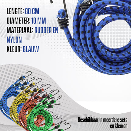Bagagebinder 80 cm Ø 10 mm – 4 Stuks - Sterke Spinbinder met 8 Elastische Armen & Haken – Blauw/Zwart – Voor Fiets, Auto & Motor Transport