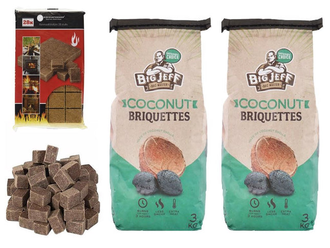 3x barbecuekool- 3kg - kokosbriketten+ 28x Aanmaakblokjes Duurzaam - hoge kwaliteit - kokosnootbasten 