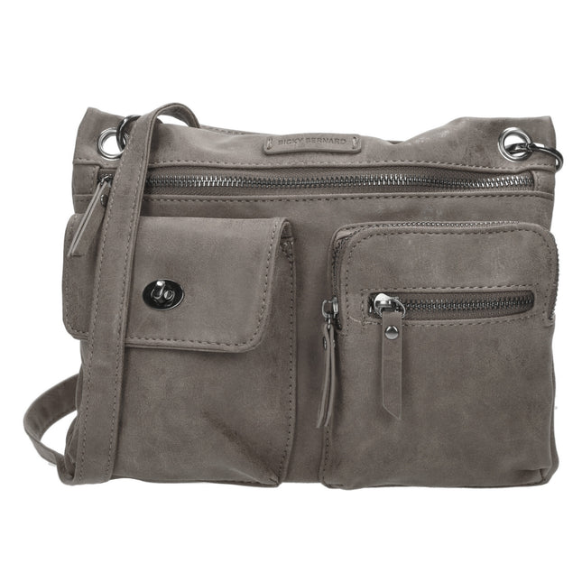 Bicky Bernard Dames Schoudertas - Crossbodytas Grijs - Platte Tas met Meerdere Ritssluitingen - Afneembare Schouderriem - 5 Vakken - 21,5 cm Hoog x 27 cm Breed x 4 cm Diep - Kunstleer
