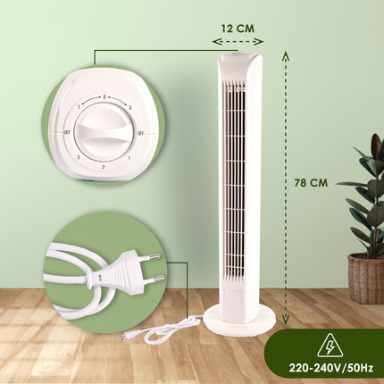 Opvallende Witte Staande Ventilator | 78 cm Hoog | 12 cm Breed | Torenventilator Met 3 snelheden | 3 Oscillatie Snelheden | 45W | 220-240V/50HZ |  Krachtige Luchtstroom Maak Slaapkamers En Woonkamers In Een Mum Van Tijd Koel