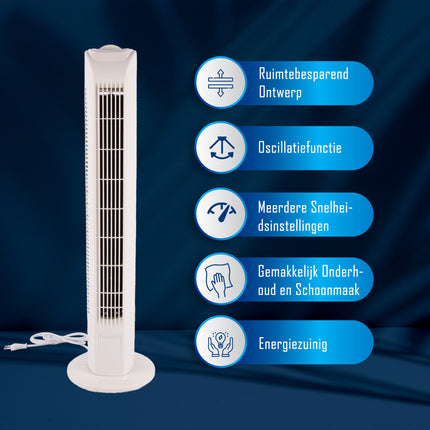 Opvallende Witte Staande Ventilator | 78 cm Hoog | 12 cm Breed | Torenventilator Met 3 snelheden | 3 Oscillatie Snelheden | 45W | 220-240V/50HZ |  Krachtige Luchtstroom Maak Slaapkamers En Woonkamers In Een Mum Van Tijd Koel